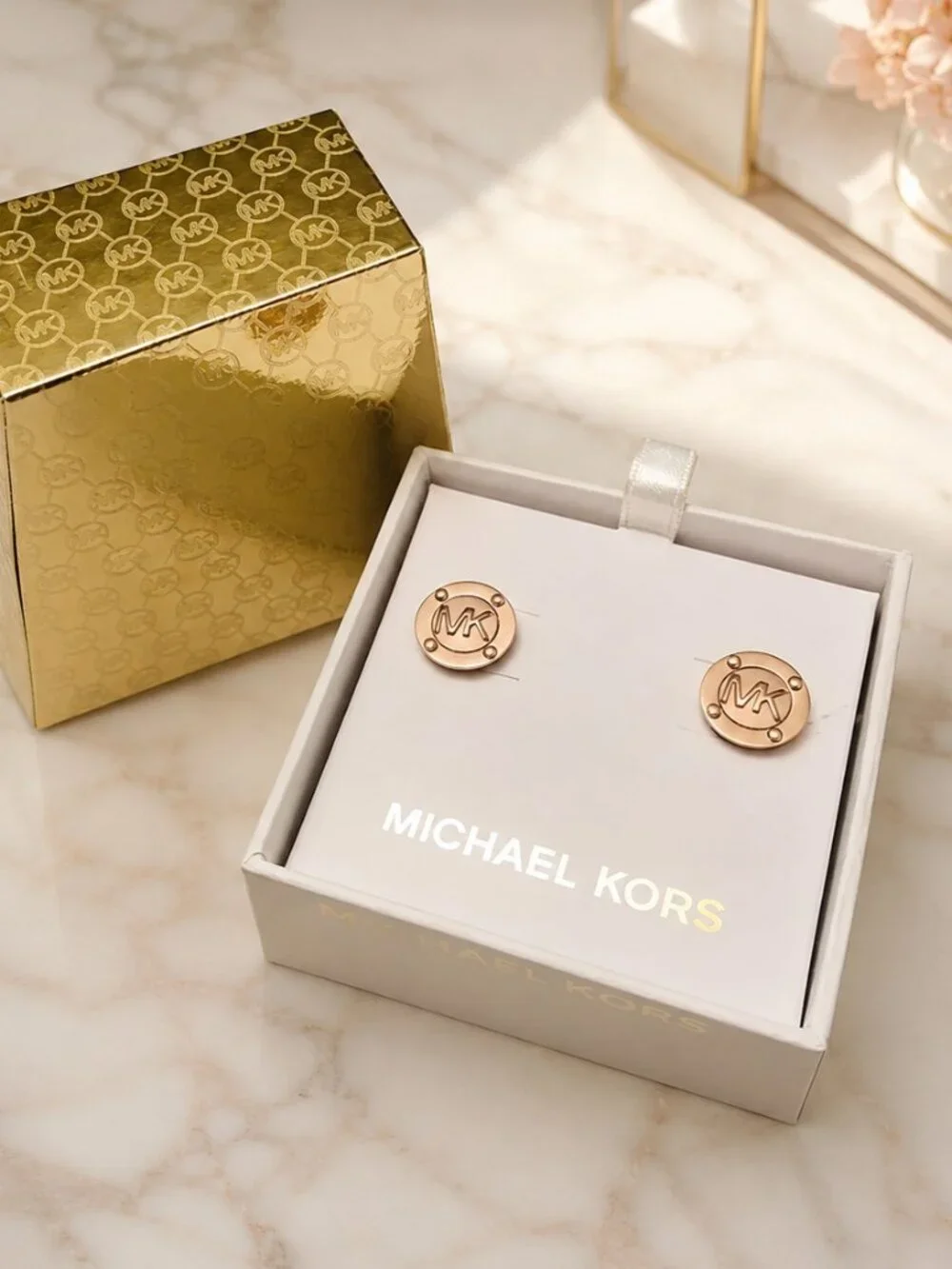 Michael Kors MK Logo Disk Stud Earrings Rose Gold Tone 14mm Authentic NWT